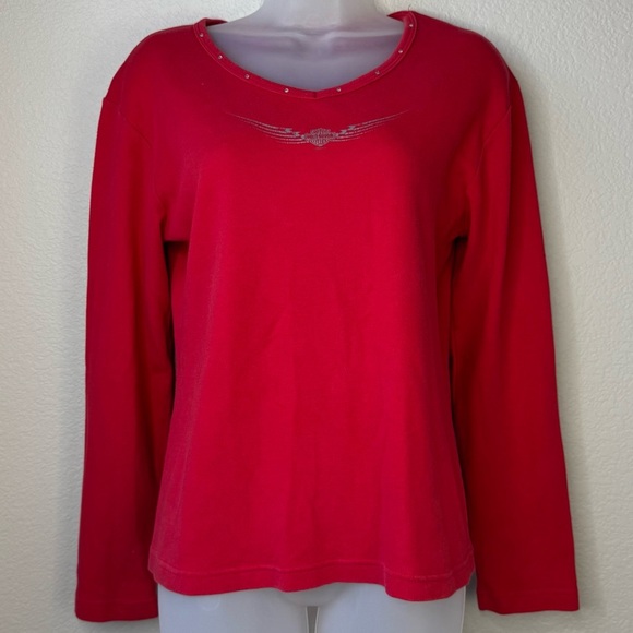 Vintage‎ Y2K Harley Davidson Embellished V Neck Long Sleeve T-shirt Size L Red - Picture 1 of 7